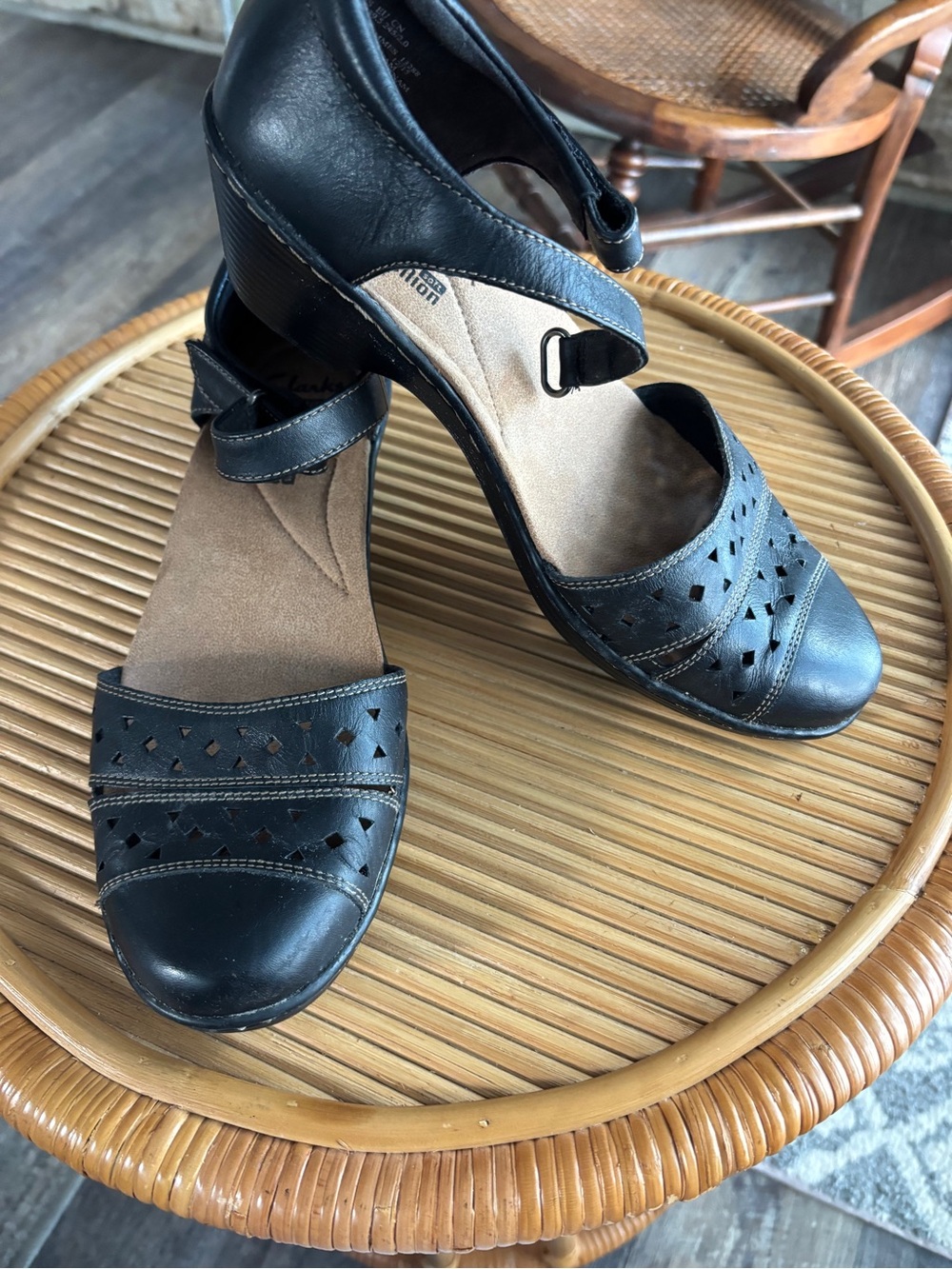 Clarks Black Leather Perforated Heel Sandals with Ankle Strap